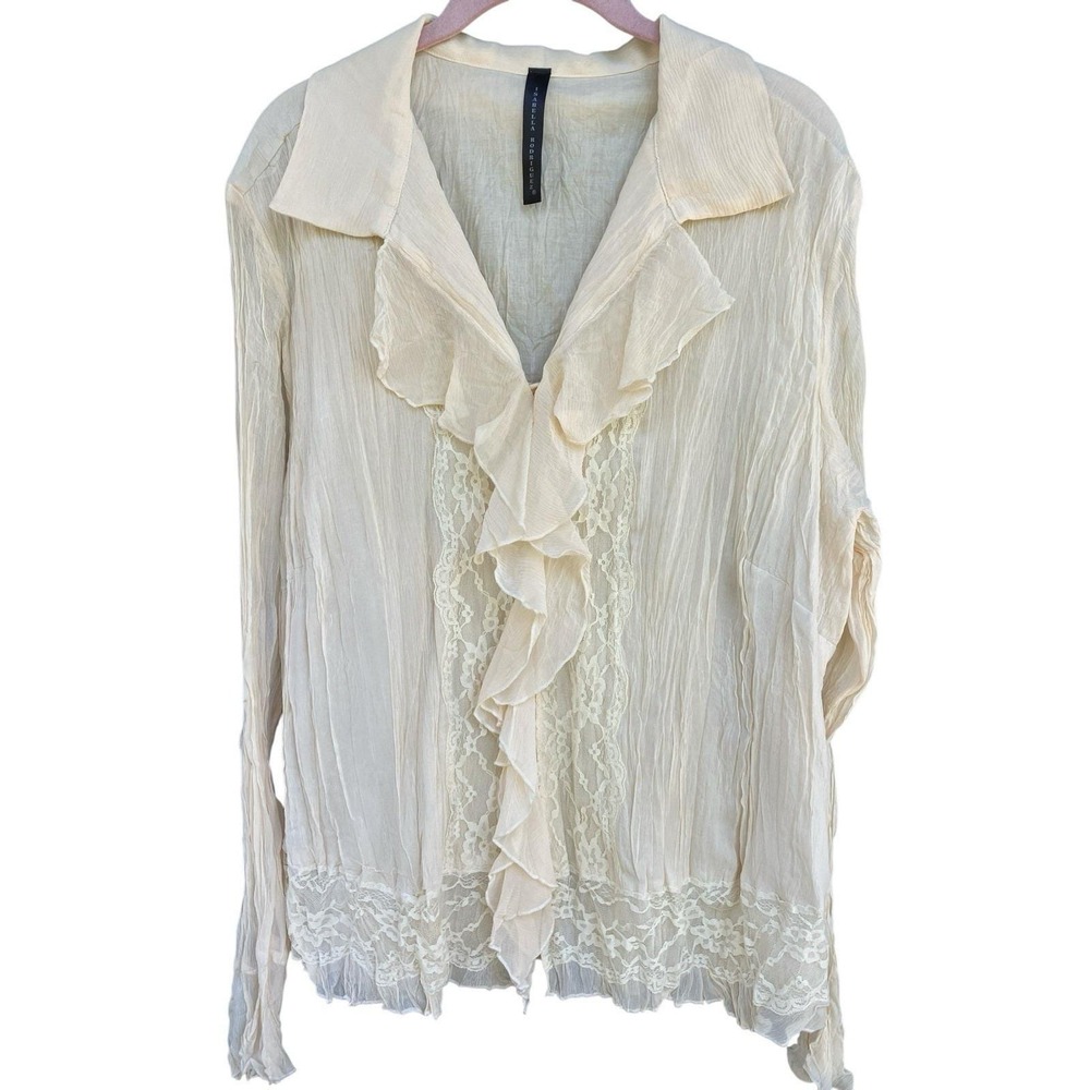 Vtg Isabella Rodriguez Silk Cream Crinkle Ruffle Lace V-Neck Top Coquette XL